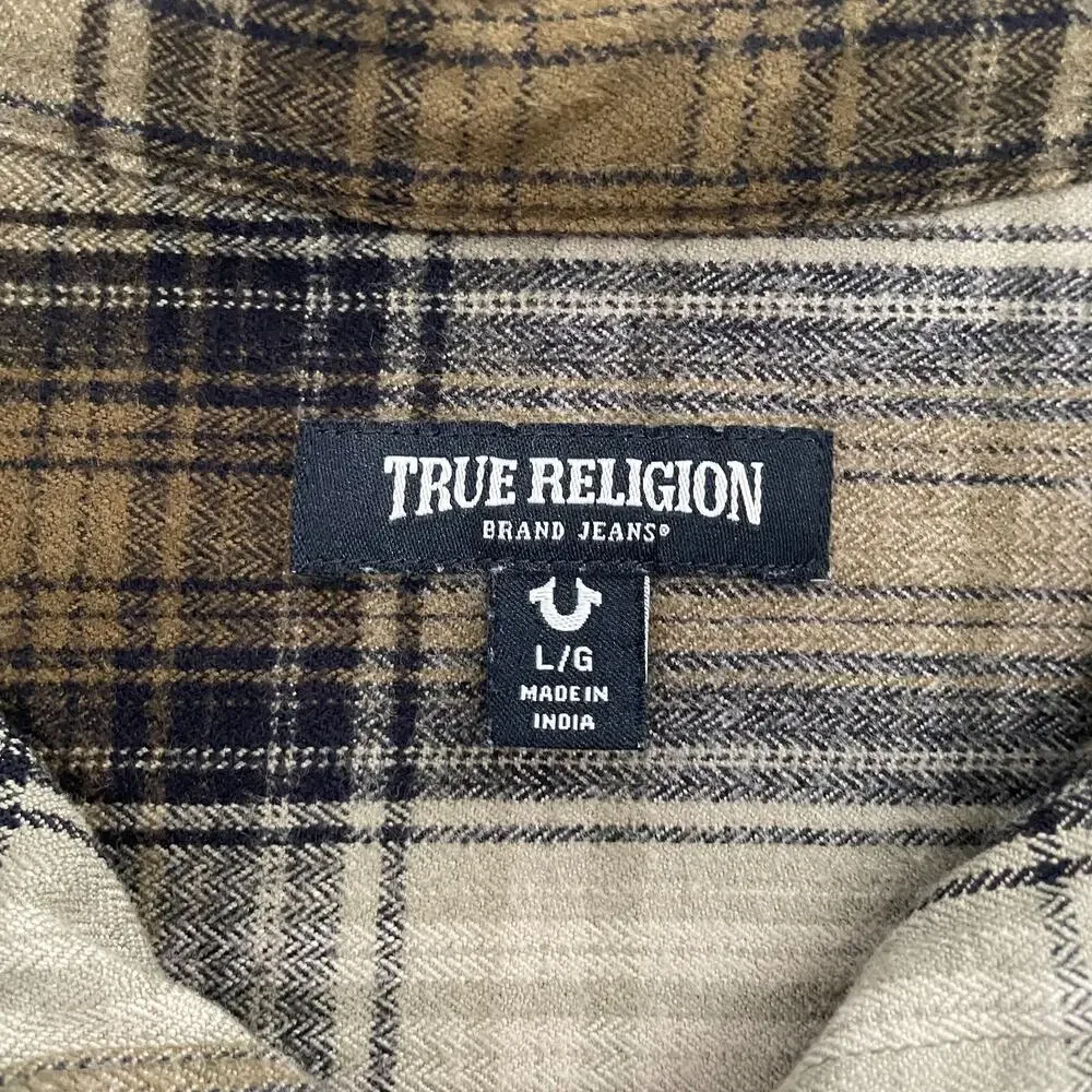 True Religion Shirt Adult Large Brown Flannel Long Sleeve Triple Needle Mens L